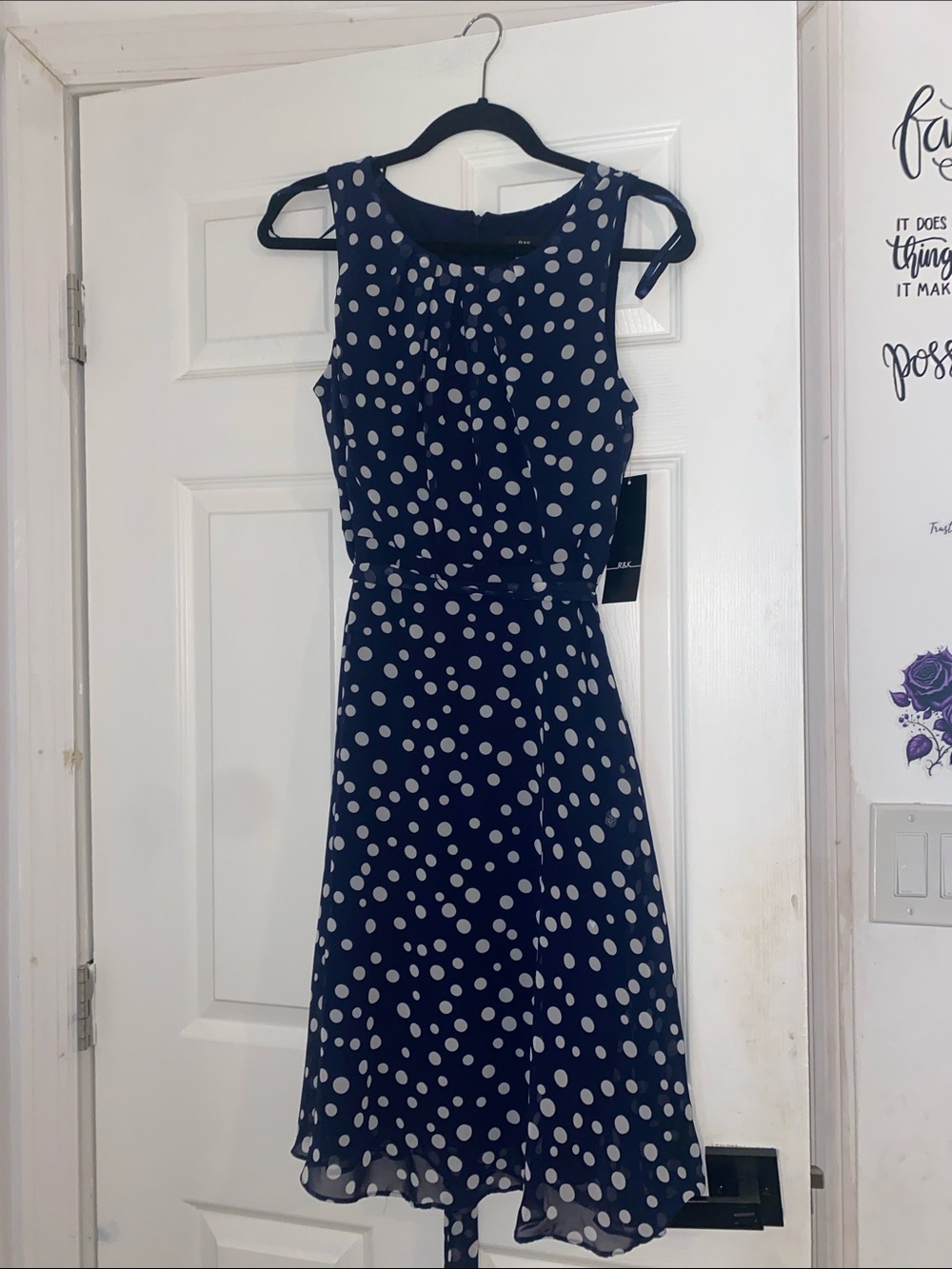 R & K Sleeveless Navy Polka Dot A-Line Dress